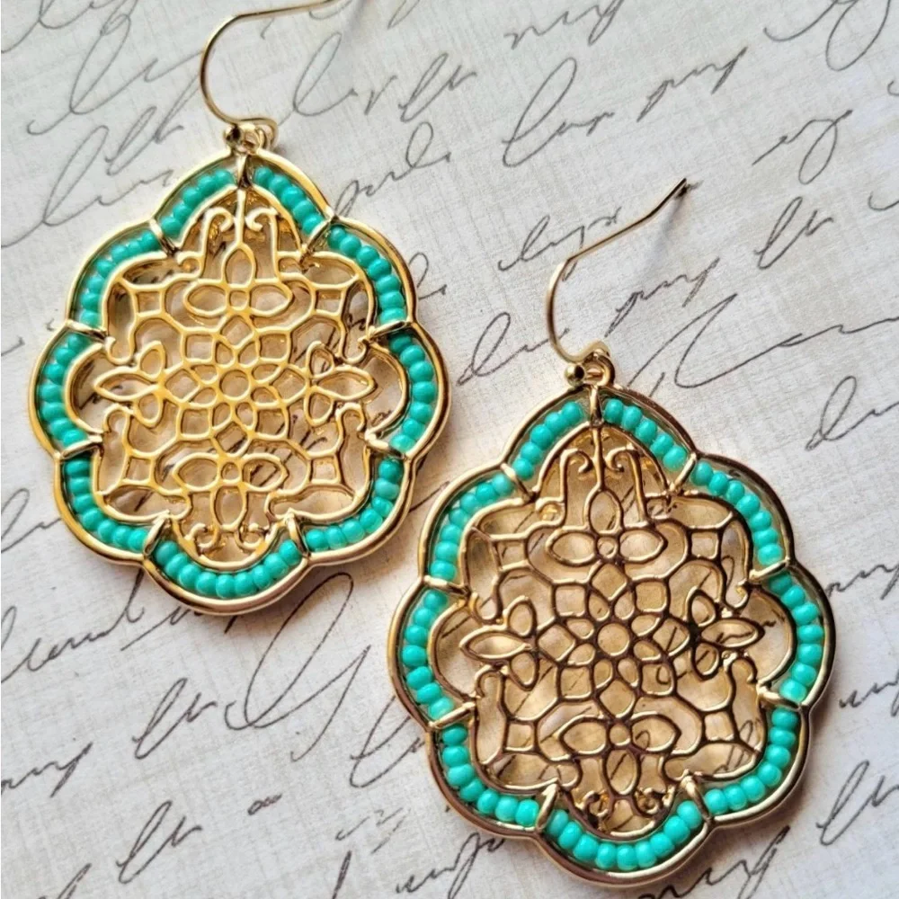 Floral Demask Gold Earrings,Statement Earrings, Filigree, Teal Beaded Earrings, - Picture 2 of 5